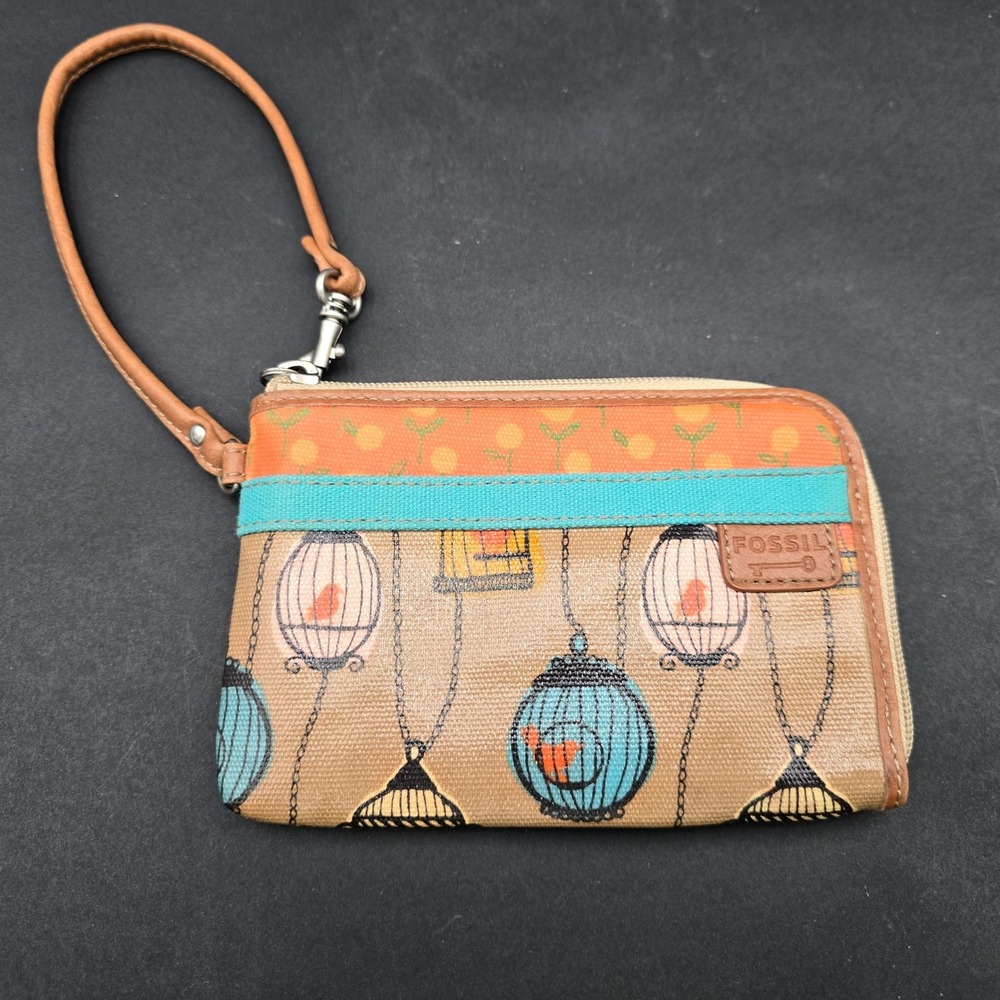 Fossil Key-Per Birdcage Print Coated Canvas Wristlet Wallet Tan Orange Turquoise